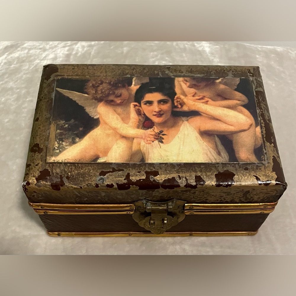 Vintage Cherub angel wood lacquer & decoupage jewelry box signed by artist.